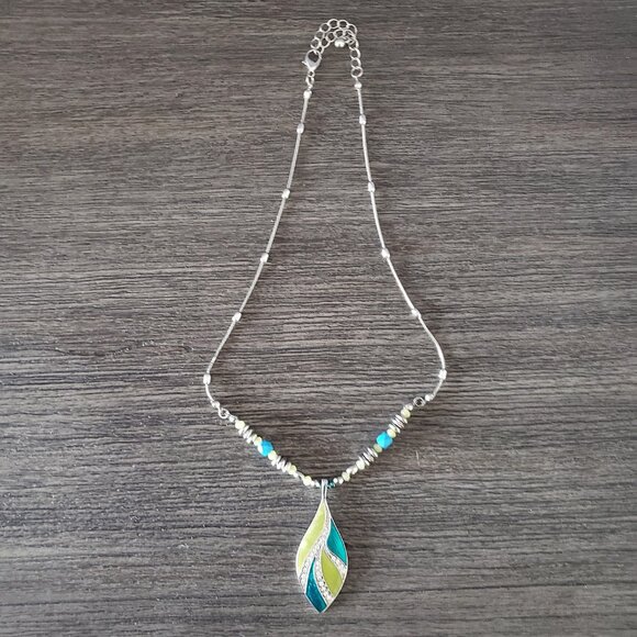 NECKLACE - green, blue and silver leaf pendant - Picture 2 of 5